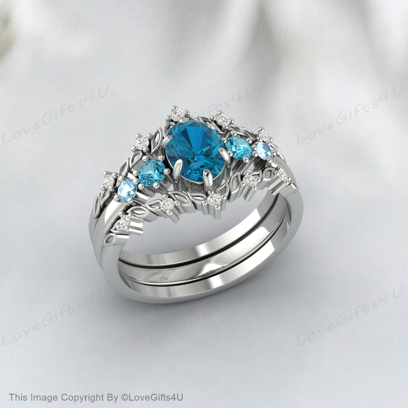 Bague de fiançailles avec topaze bleue de Londres, sertie de diamants, bague d'anniversaire incurvée