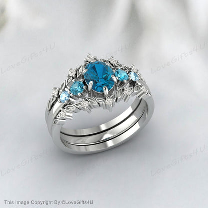 Bague de fiançailles avec topaze bleue de Londres, sertie de diamants, bague d'anniversaire incurvée