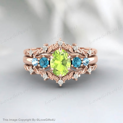 Vintage Oval Peridot Engagement Ring Set Rose Gold Promise Bridal Set