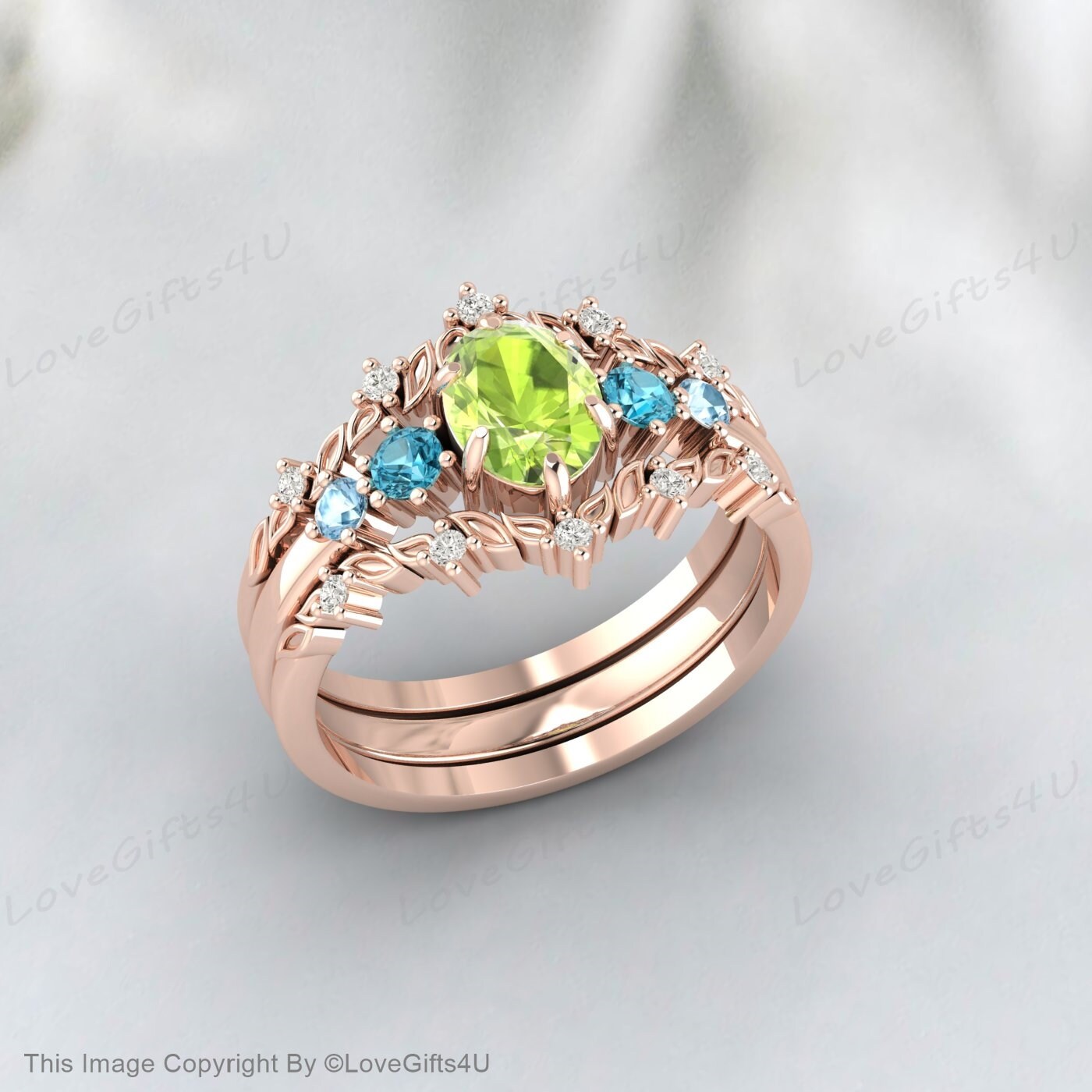 Vintage Oval Peridot Engagement Ring Set Rose Gold Promise Bridal Set