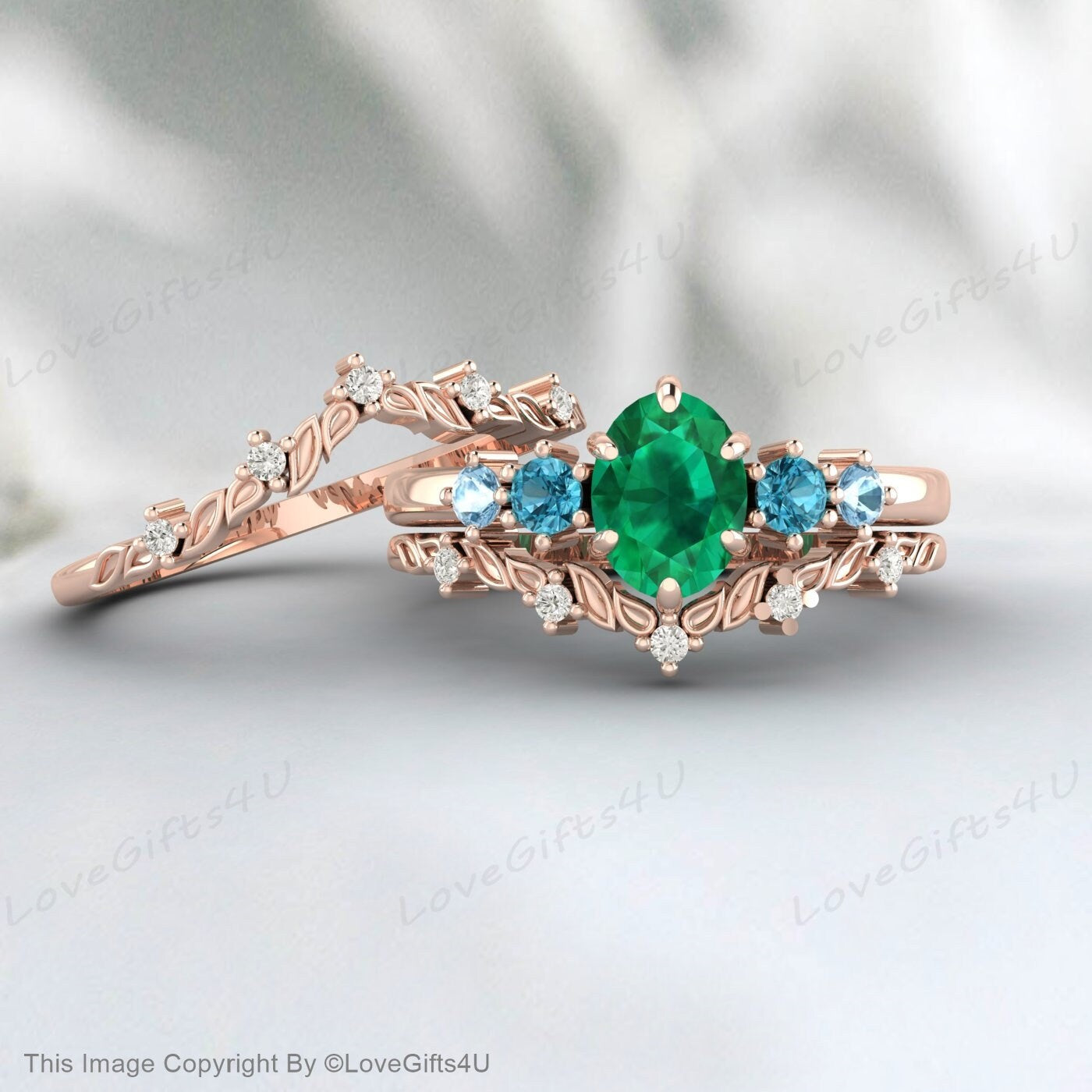 Bague de mariage ovale émeraude inspirée de la nature, ensemble de bagues de fiançailles