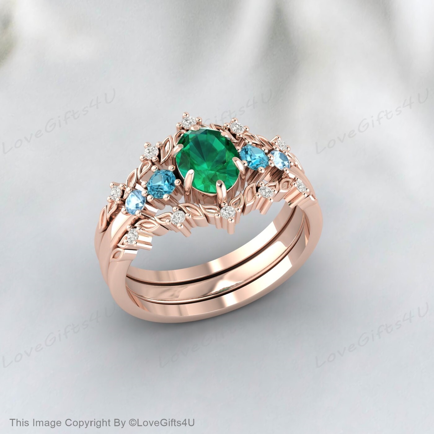 Bague de mariage ovale émeraude inspirée de la nature, ensemble de bagues de fiançailles