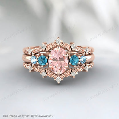 Oval Morganite Engagement Ring Set Vintage Halo Diamond Wedding Band