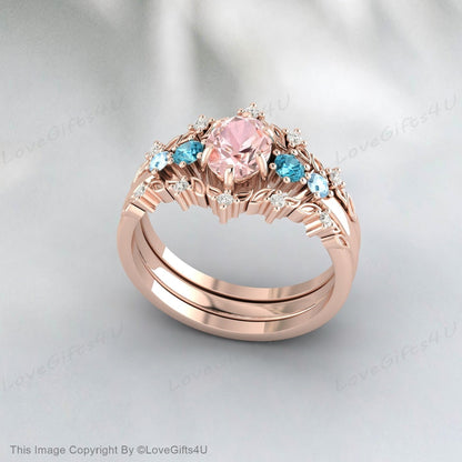 Oval Morganite Engagement Ring Set Vintage Halo Diamond Wedding Band