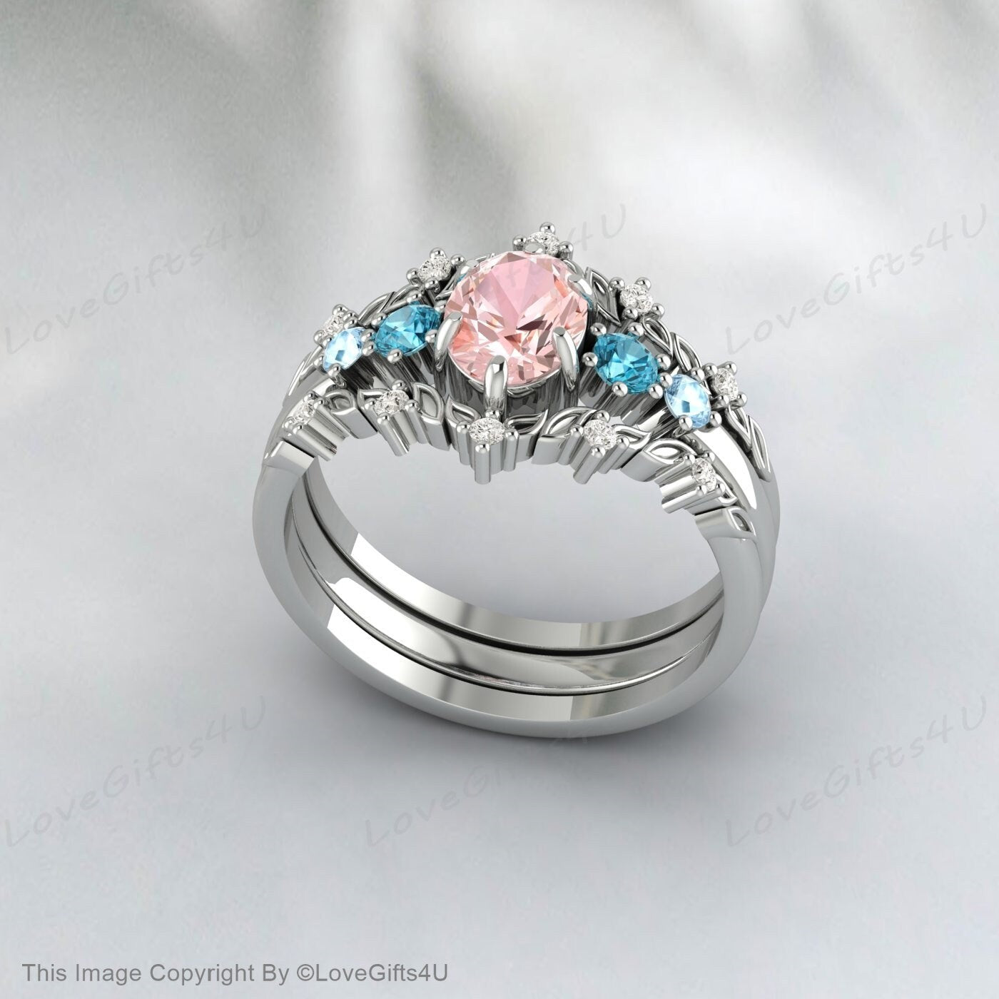 Bague de fiançailles ovale en morganite sertie d'une alliance en diamant halo vintage