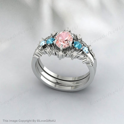 Bague de fiançailles ovale en morganite sertie d'une alliance en diamant halo vintage